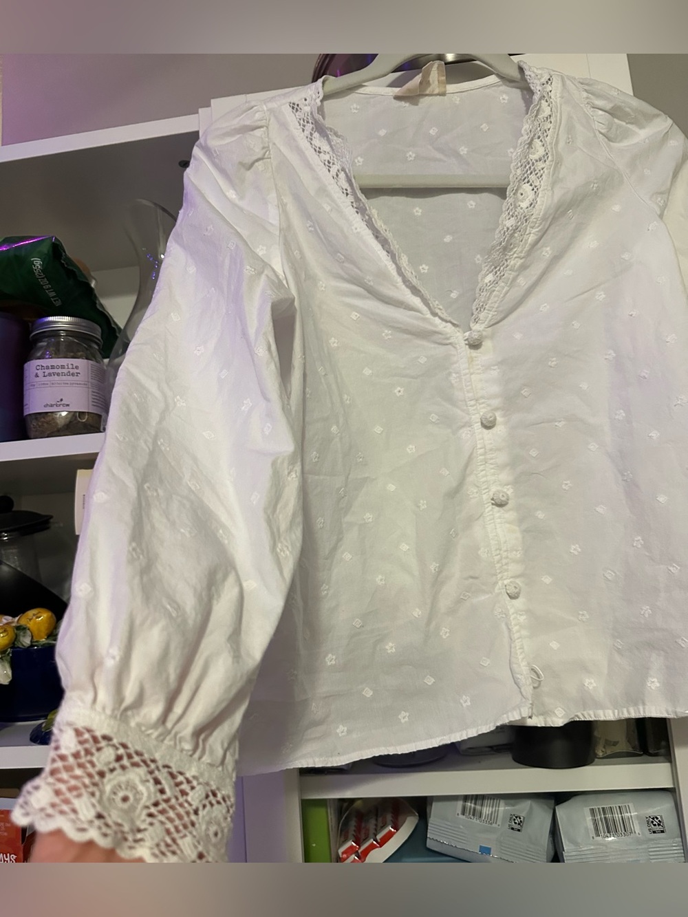 Cute Sezane Blouse White Lace Embroidered Button Front V Neck Long Sleeve Top